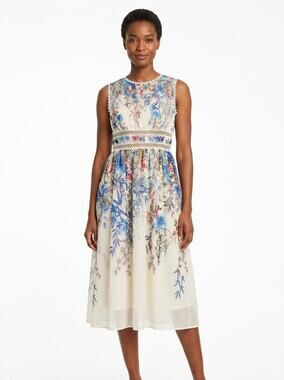 Anewsta White Blue Floral Lace Trim Sleeveless Midi Dress Women Size 12